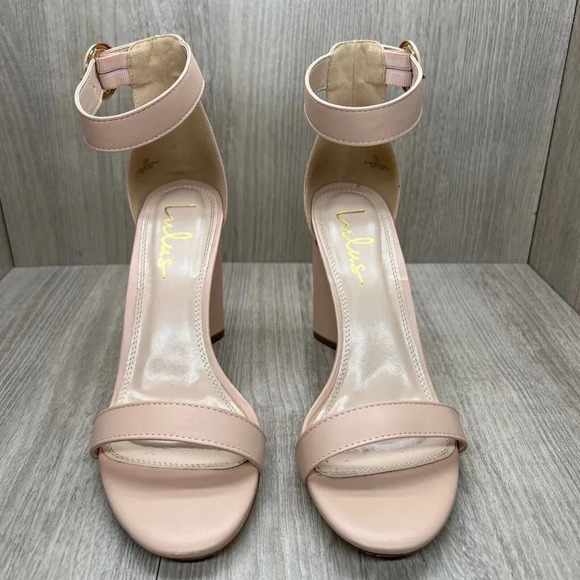 Lulus Sandals Womens Sz 9 Open Toe Ankle Strap High Heel Faux Leather Nude Beige - Picture 5 of 11